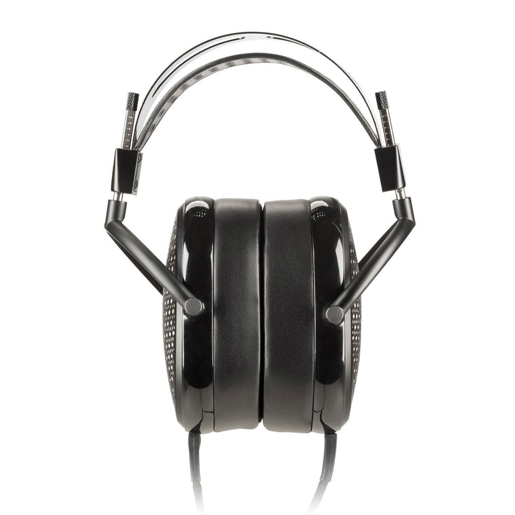 Audeze CRBN 2 Electrostatic headphones by Audeze, with black earcups, metal headband, visible cable, and carbon-nanotube electrostatic drivers, are shown from the front against a white background.