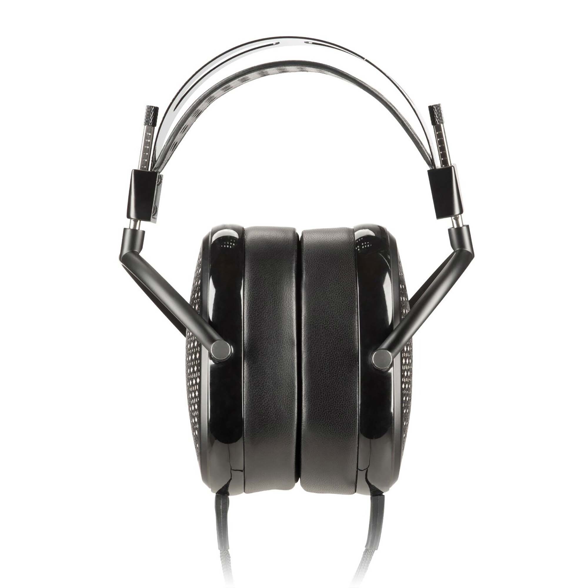 Audeze CRBN 2 Electrostatic headphones by Audeze, with black earcups, metal headband, visible cable, and carbon-nanotube electrostatic drivers, are shown from the front against a white background.
