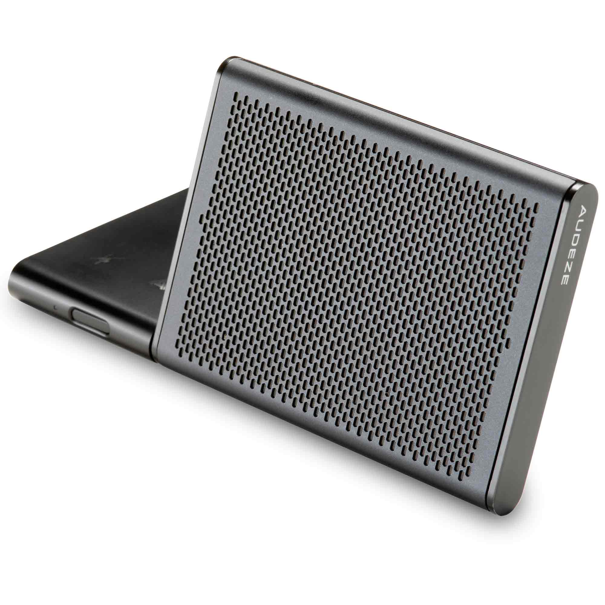 Audeze FILTER Bluetooth Conference Speakerphone angled view showing metal grille and compact slim design on white background