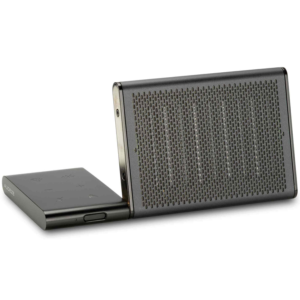 Audeze FILTER Bluetooth Conference Speakerphone shown upright with perforated speaker grille and control panel exposed