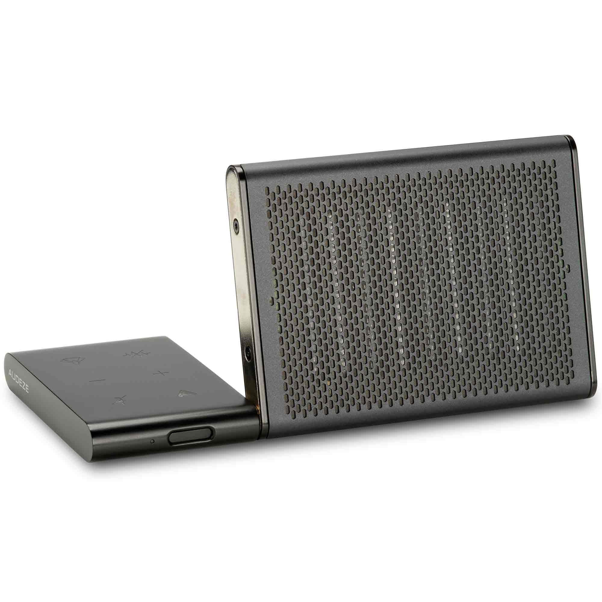 Audeze FILTER Bluetooth Conference Speakerphone shown upright with perforated speaker grille and control panel exposed