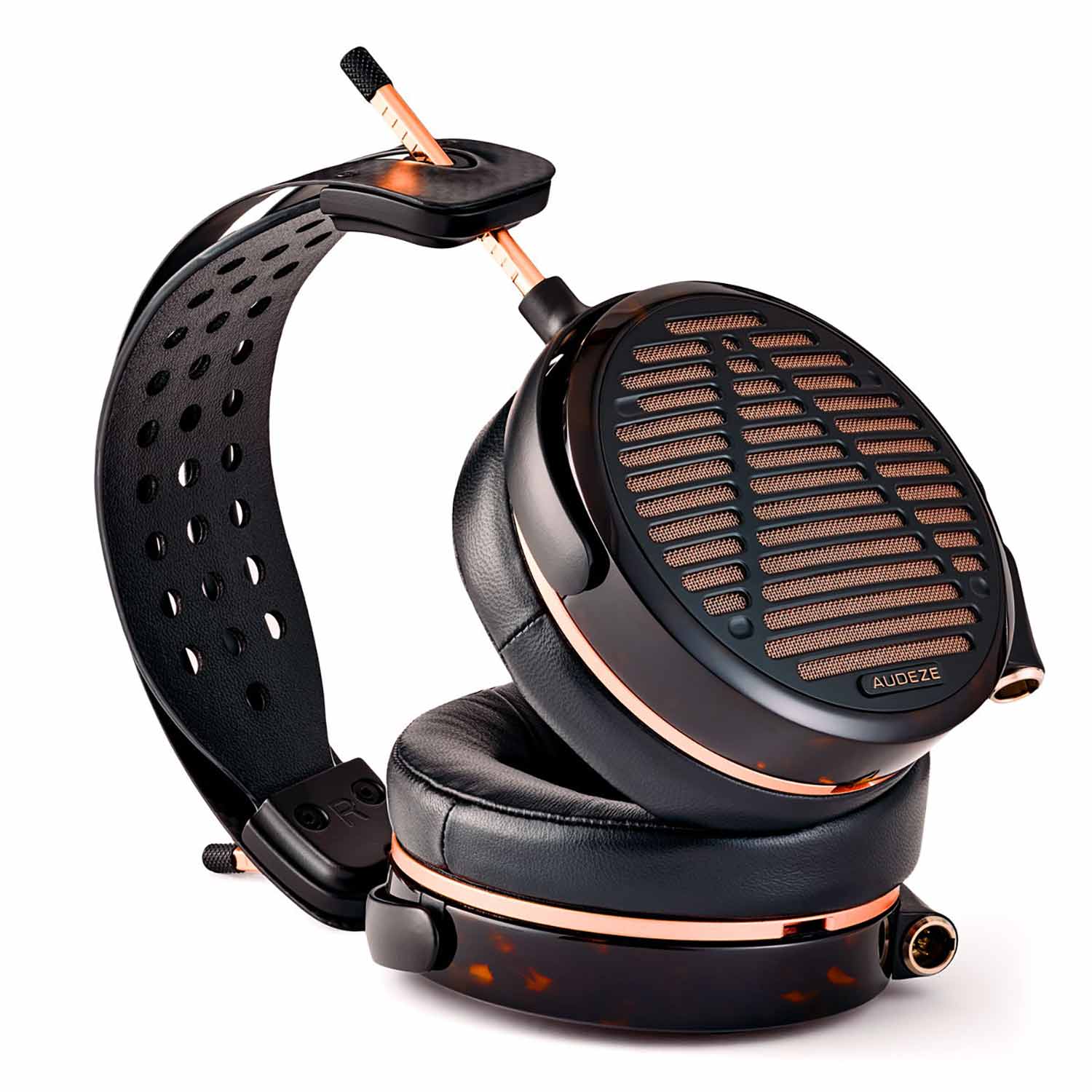 Audeze LCD-5s Flagship Planar headphones angled view highlighting open-back grille and perforated headband design