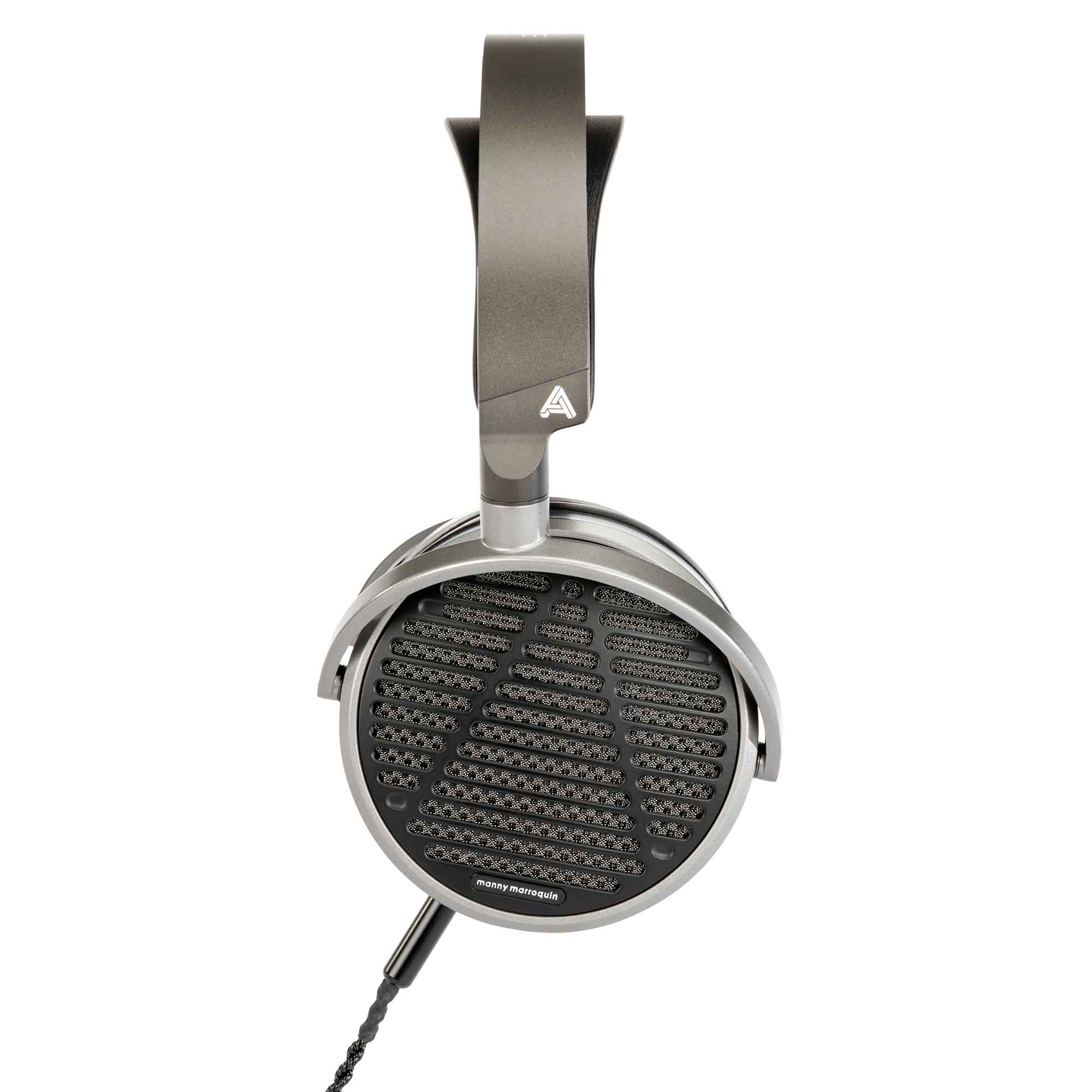 Side view of Audeze MM-100 open back planar magnetic headphone with metallic frame and braided cable on white background