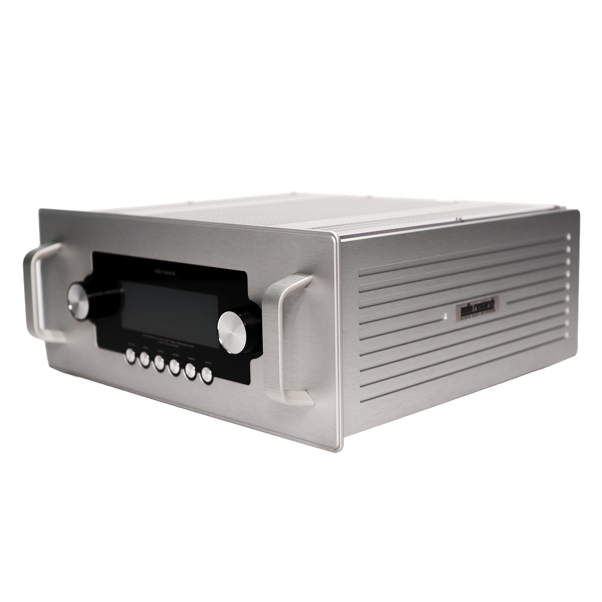 Audio Research Reference 6 Vacuum Tube Pre-Amp (Pre-Owned) in silver with front controls and handles on white background