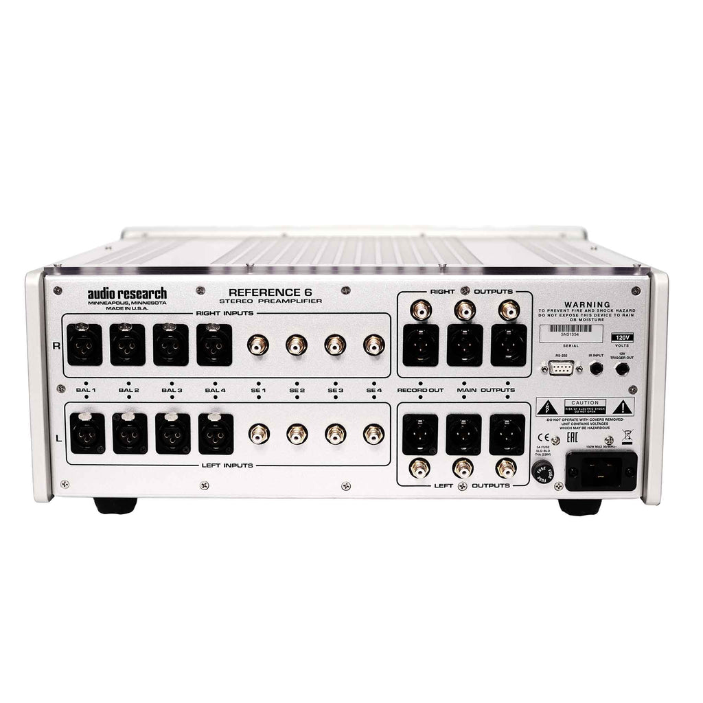 Rear view of Audio Research Reference 6 Vacuum Tube Pre-Amp (Pre-Owned) showing input and output connections on white background