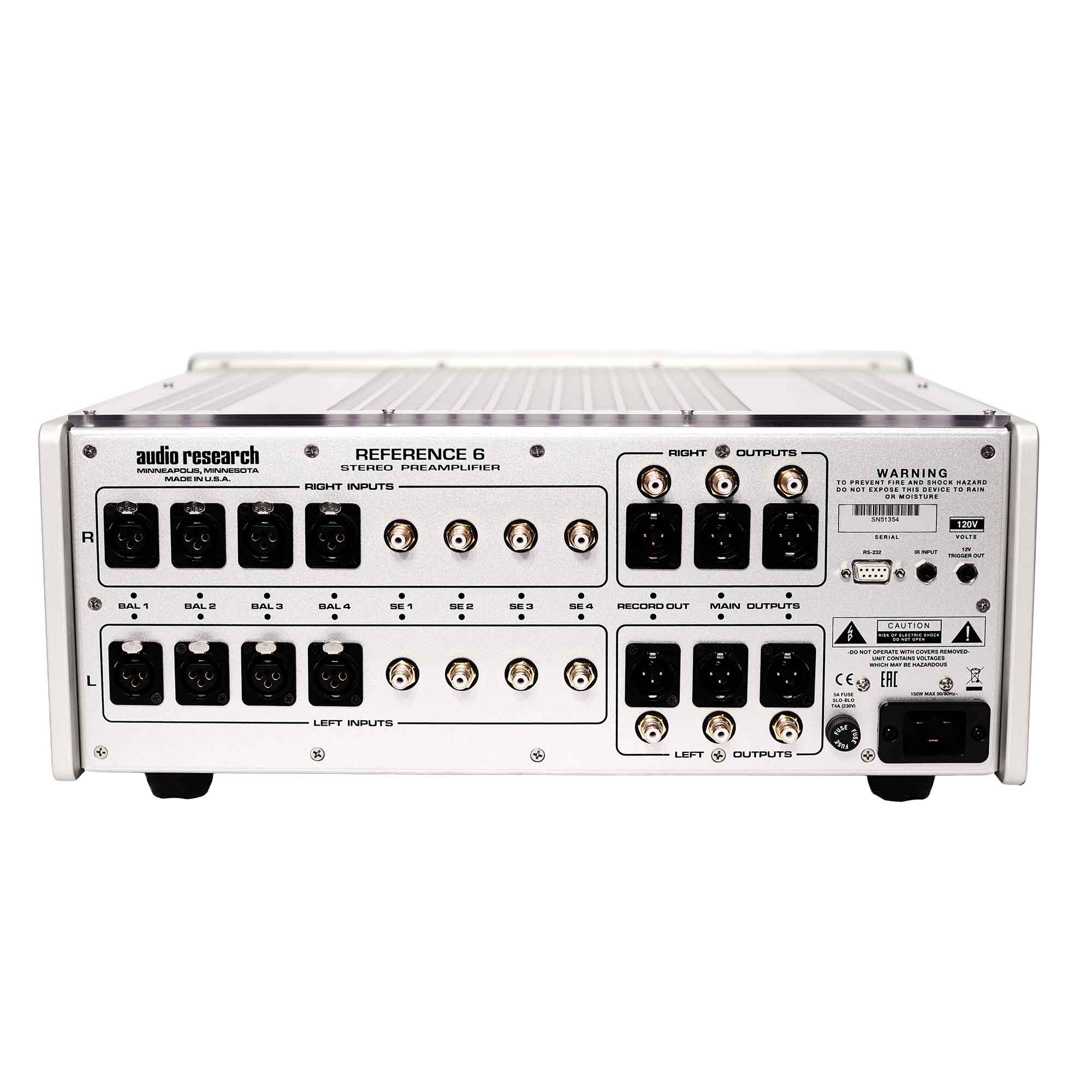Rear view of Audio Research Reference 6 Vacuum Tube Pre-Amp (Pre-Owned) showing input and output connections on white background
