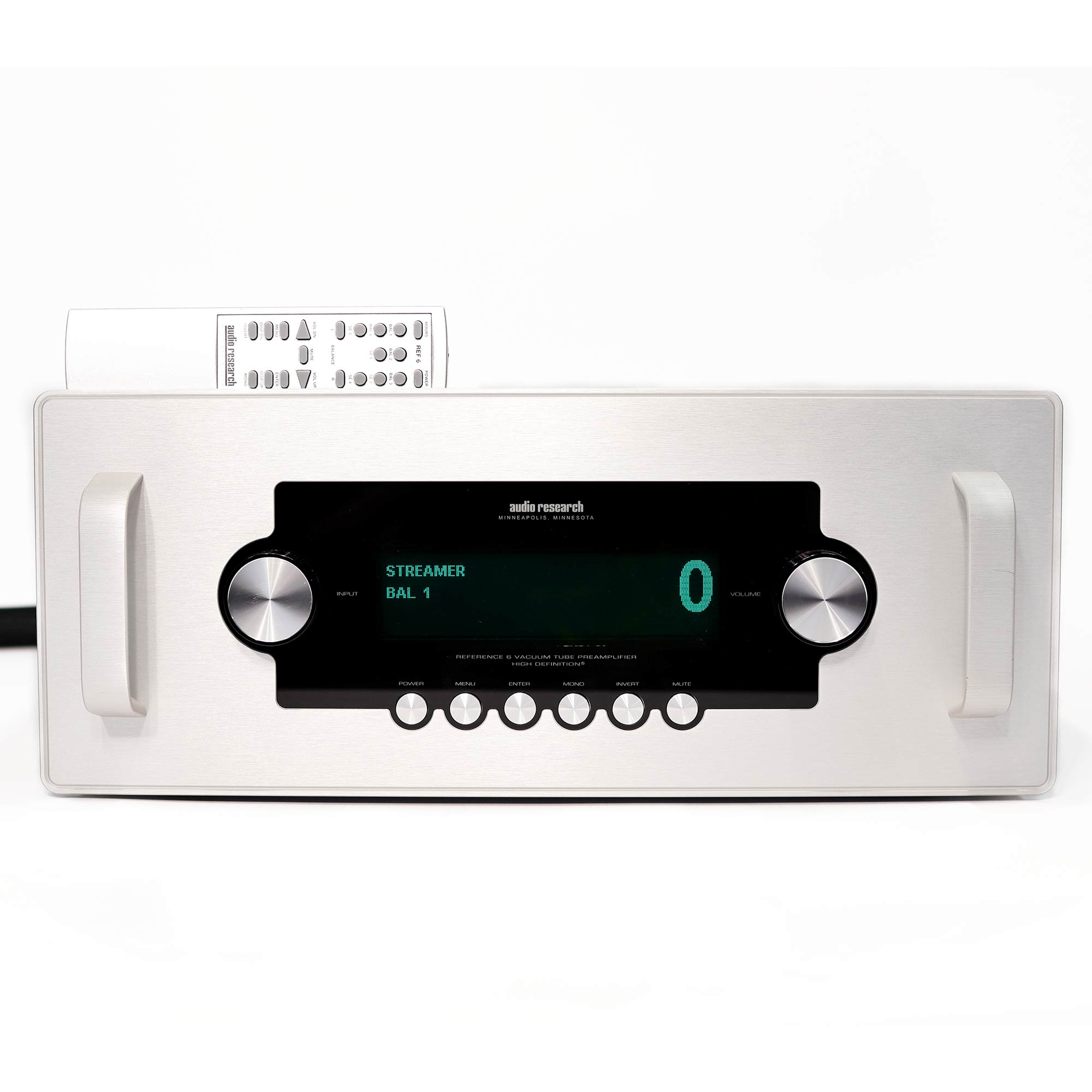 Audio Research Reference 6 Vacuum Tube Pre-Amp (Pre-Owned) front view with display and control knobs on white background