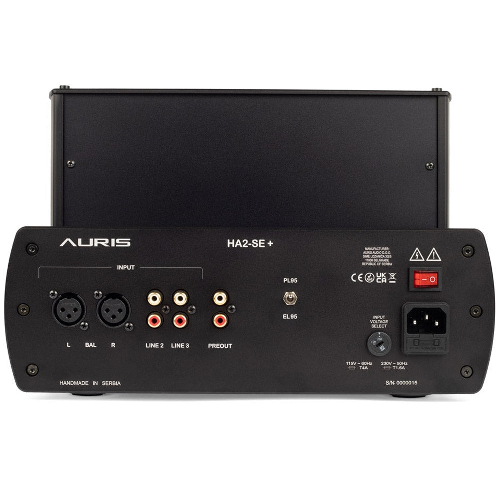 Rear view of Auris Audio HA-2SE+ Tube Headphone Amplifier showing input, preout ports, and power switch on black chassis