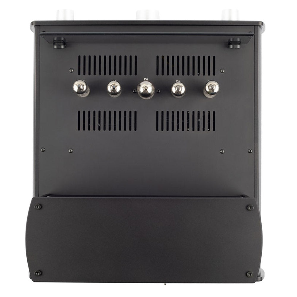 Top view of Auris Audio HA-2SE+ Tube Headphone Amplifier showing vacuum tubes and ventilation grilles on black casing