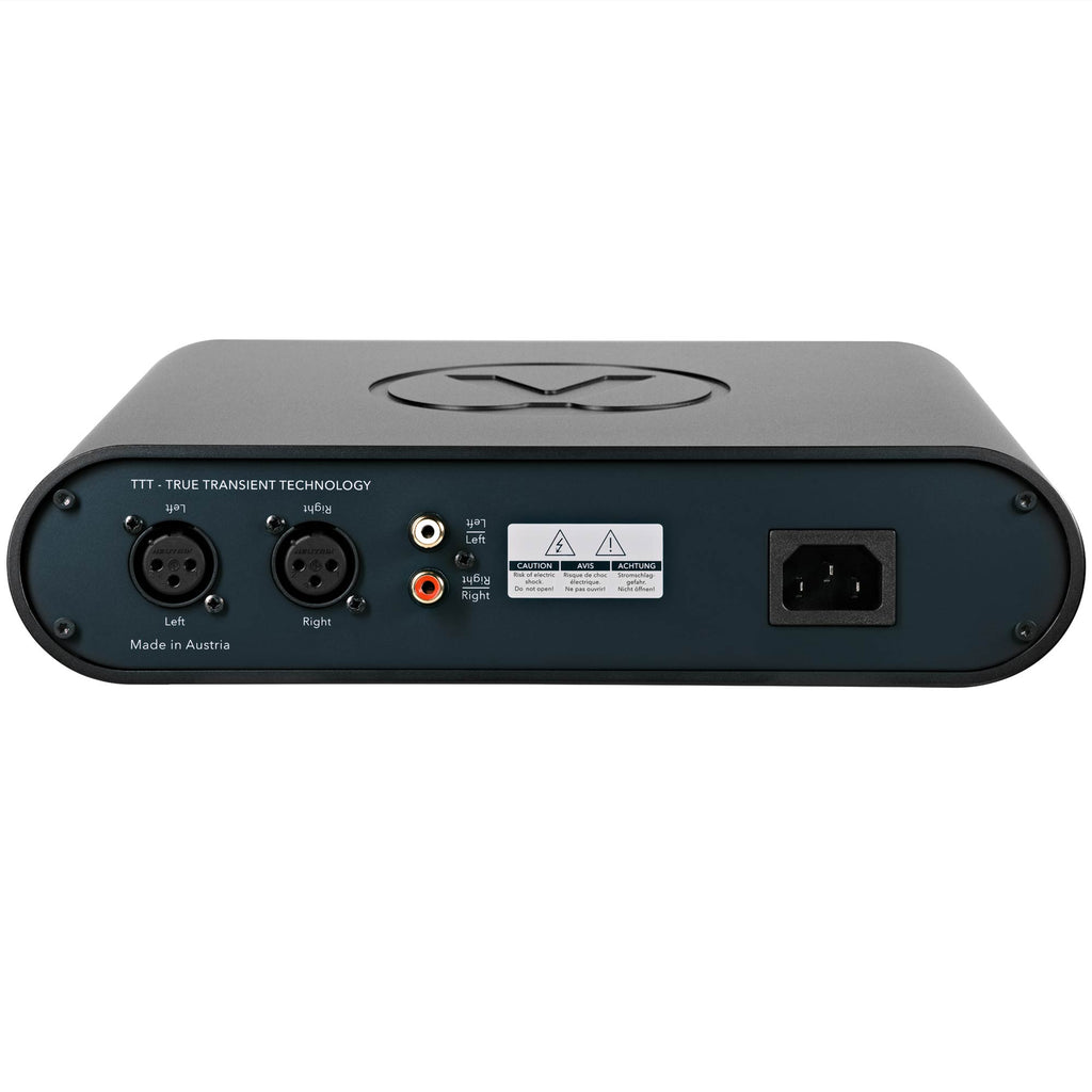 Rear view of Austrian Audio FULL SCORE ONE Headphone Amplifier showing balanced and RCA outputs with power connector on white background