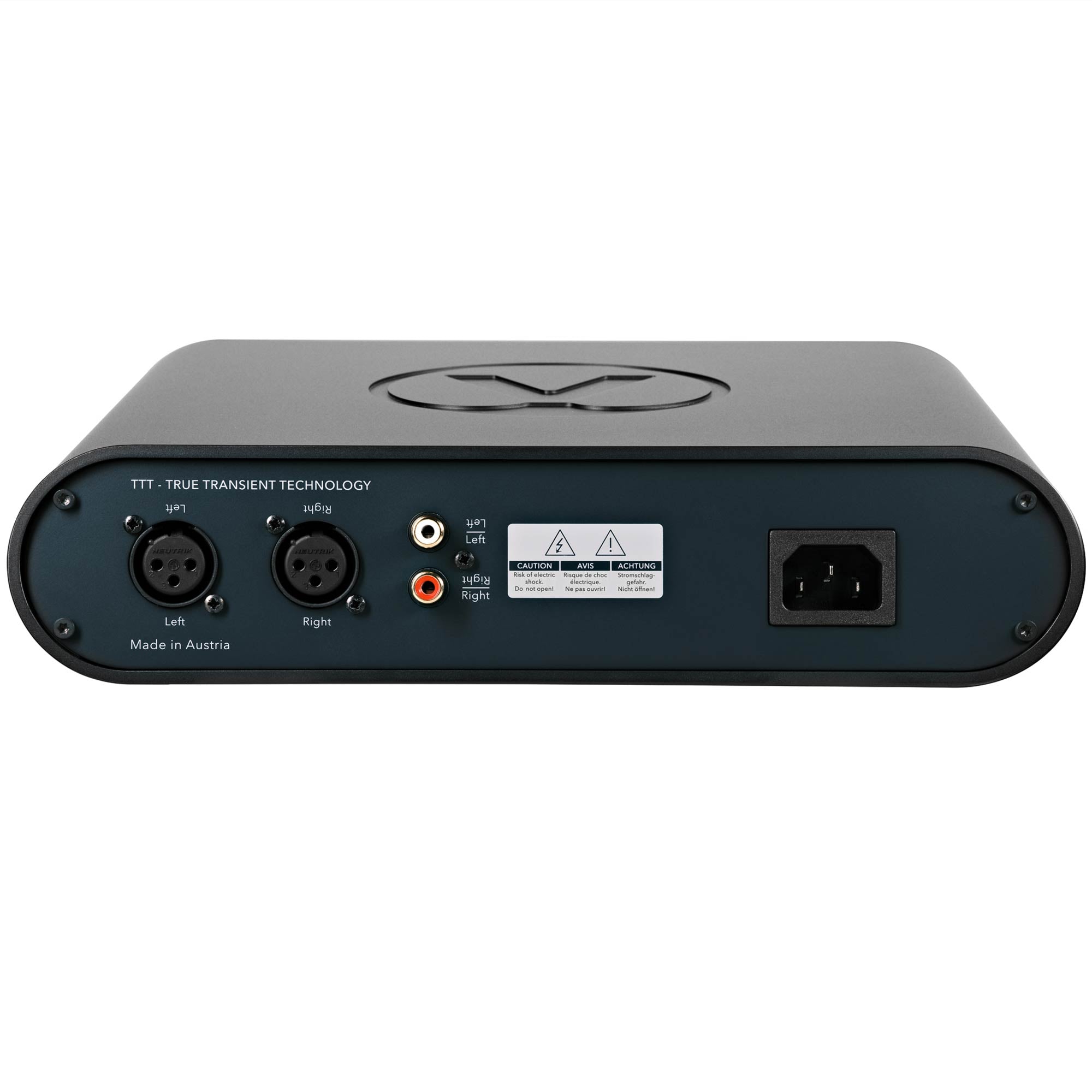 Rear view of Austrian Audio FULL SCORE ONE Headphone Amplifier showing balanced and RCA outputs with power connector on white background