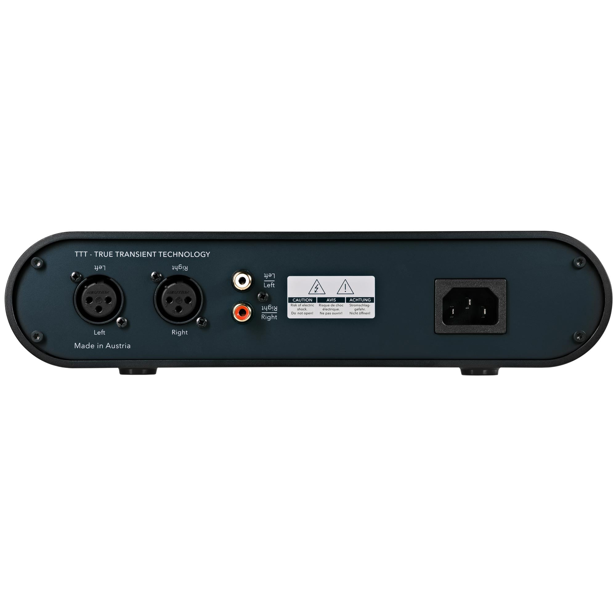 Rear view of Austrian Audio FULL SCORE ONE Headphone Amplifier showing audio inputs and power connector on black panel