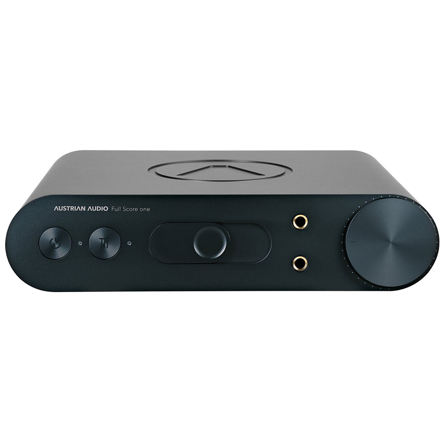 Front view of Austrian Audio FULL SCORE ONE Headphone Amplifier with control knobs and headphone jacks on black casing