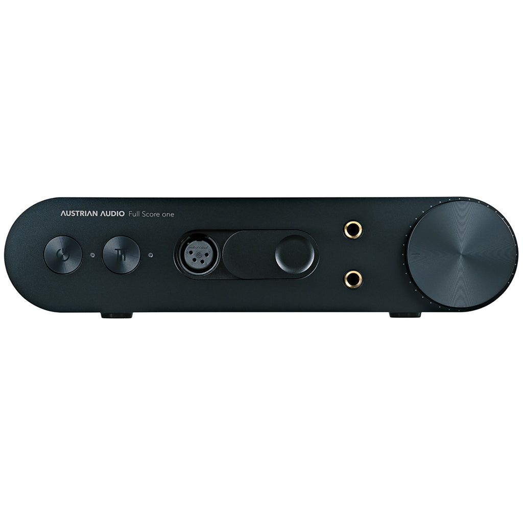 Front view of Austrian Audio FULL SCORE ONE Headphone Amplifier with control buttons, rotary knob, and headphone jacks in black finish