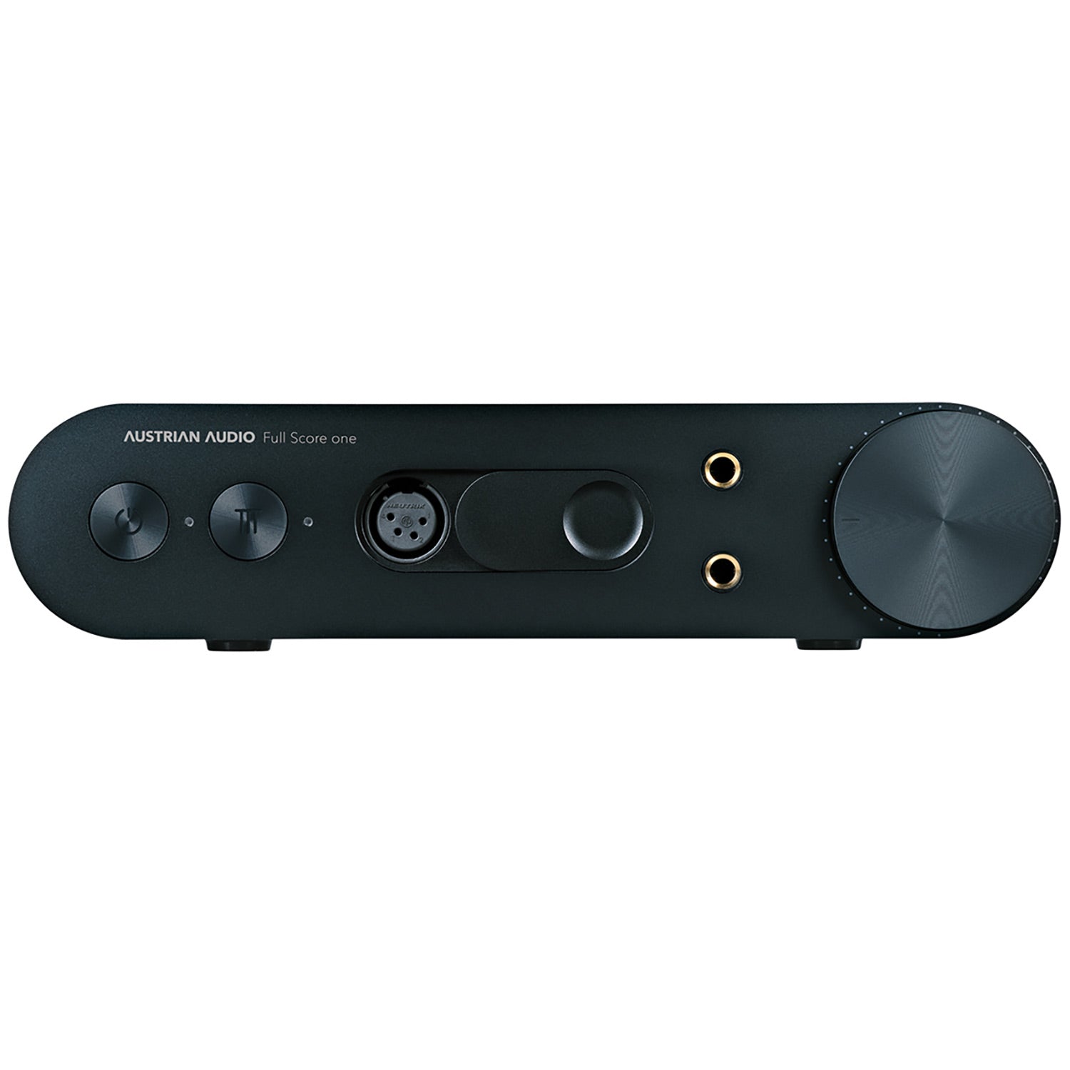 Front view of Austrian Audio FULL SCORE ONE Headphone Amplifier with control buttons, rotary knob, and headphone jacks in black finish