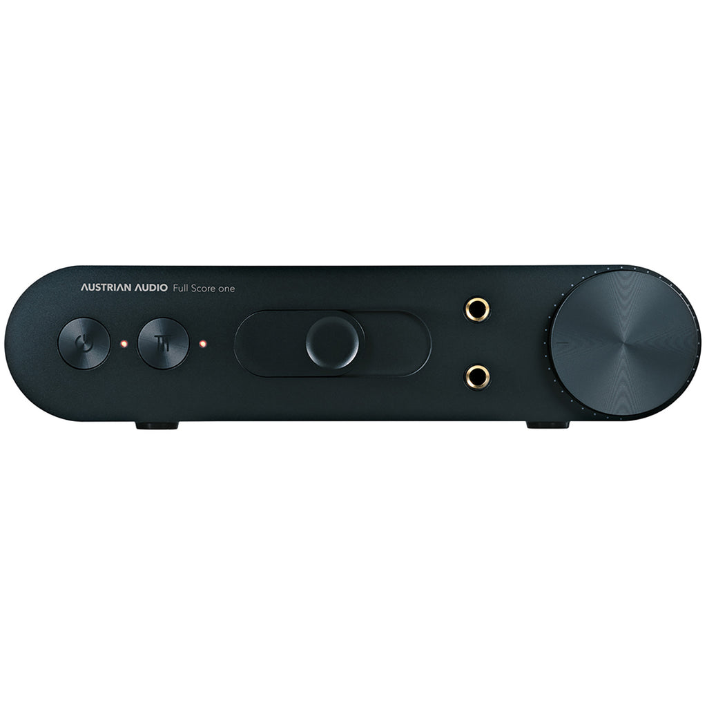 Front view of the Austrian Audio FULL SCORE ONE Headphone Amplifier with volume knob and dual headphone jacks