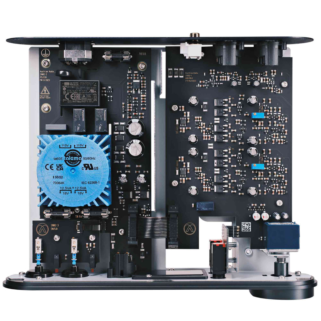 Internal circuit board and components of the Austrian Audio FULL SCORE ONE Headphone Amplifier shown in detail