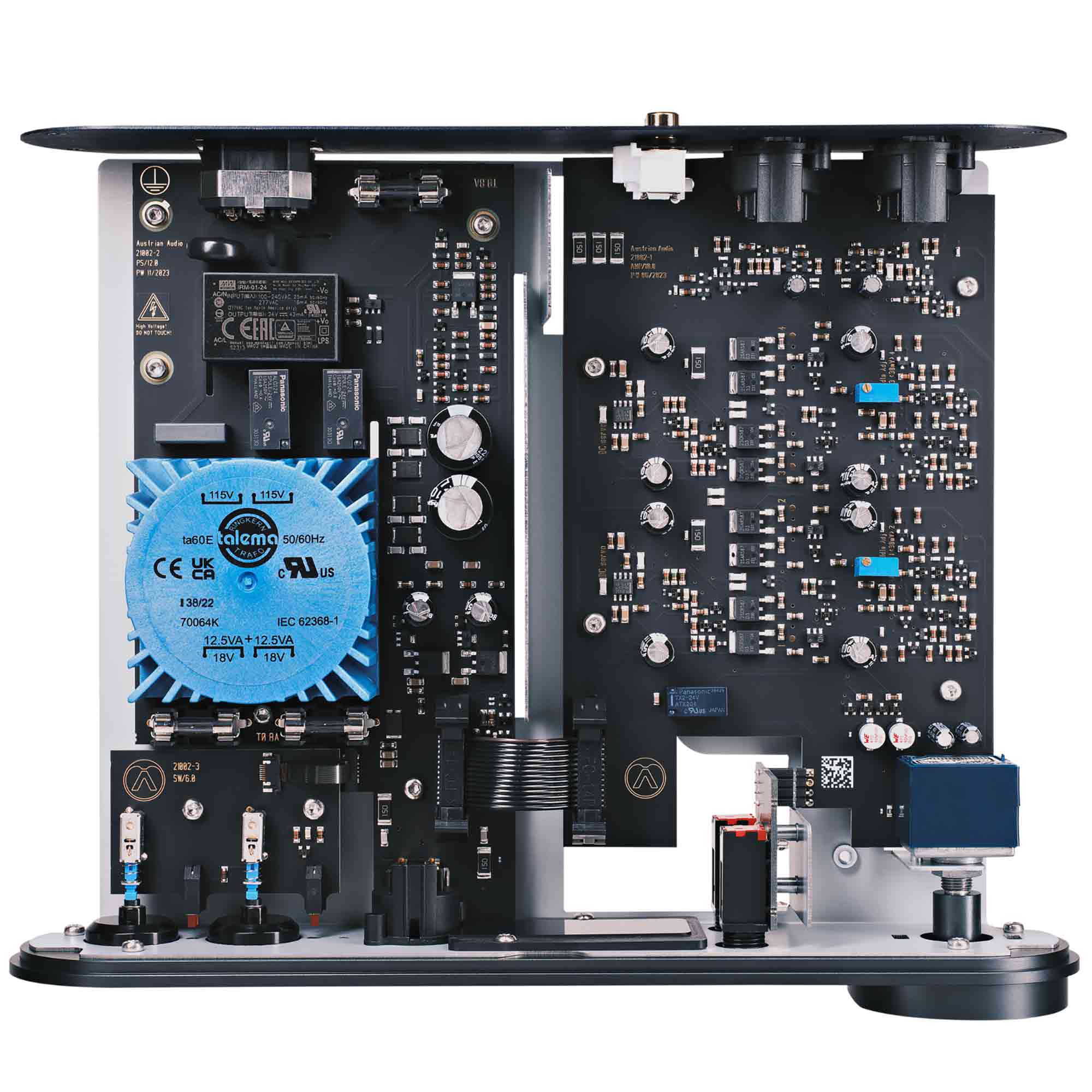 Internal circuit board and components of the Austrian Audio FULL SCORE ONE Headphone Amplifier shown in detail