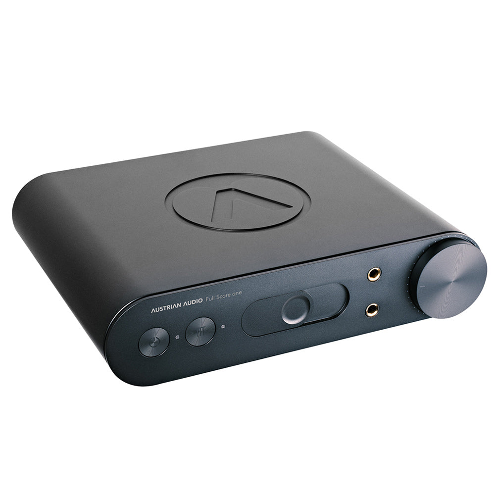 Austrian Audio FULL SCORE ONE Headphone Amplifier showing front panel with volume knob and input buttons on white background