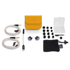 Campfire Alien Brain Hybrid-Driver IEM with cables, ear tips, cleaning brush, carrying pouches, and yellow leather case on white background