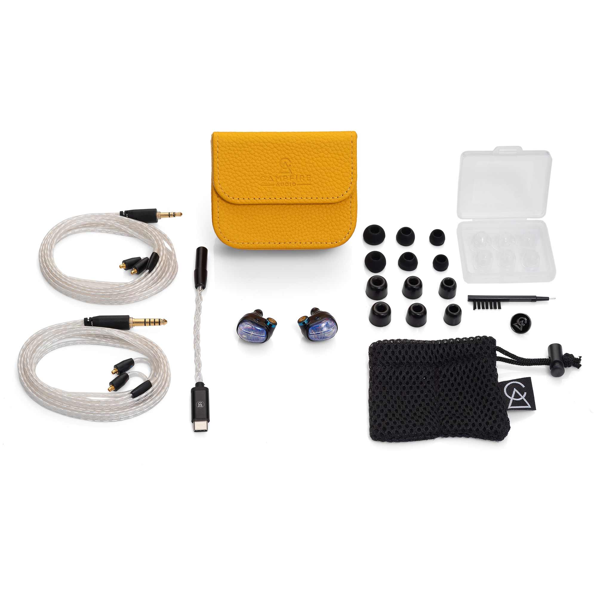 Campfire Alien Brain Hybrid-Driver IEM with cables, ear tips, cleaning brush, carrying pouches, and yellow leather case on white background