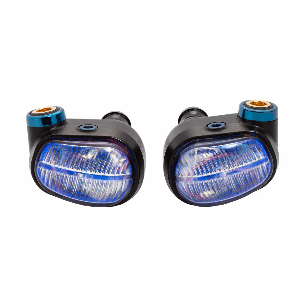 Campfire Alien Brain Hybrid-Driver IEM with blue accents and textured metallic faceplates on a white background