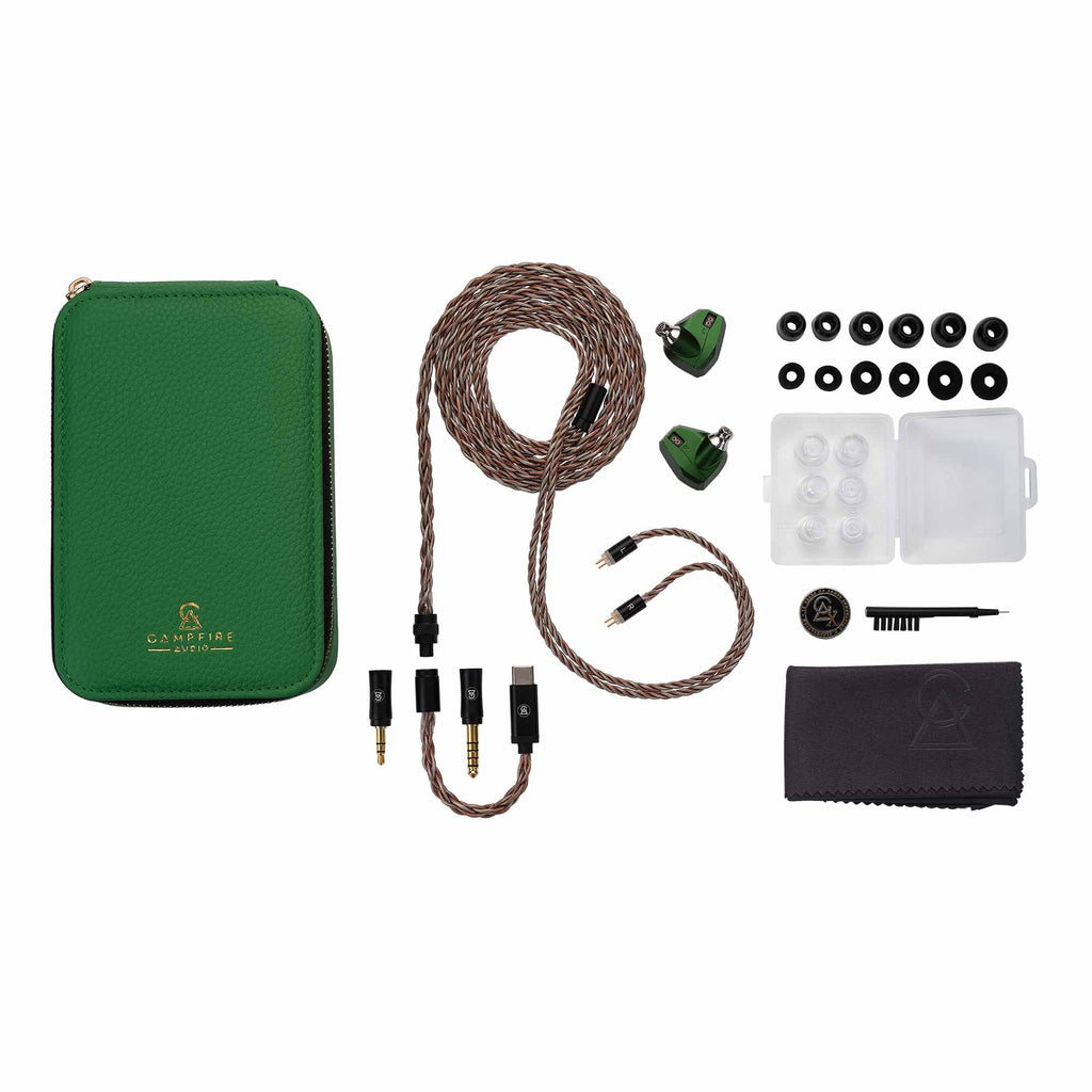 Campfire Andromeda 10 In-Ear Monitors with green carrying case, braided cable, multiple ear tips, and accessories on white background