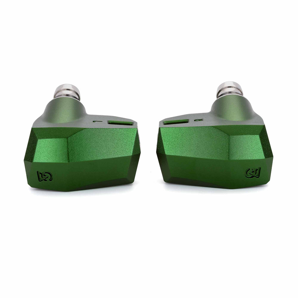 Campfire Andromeda 10 In-Ear Monitors with green geometric metal housing on white background