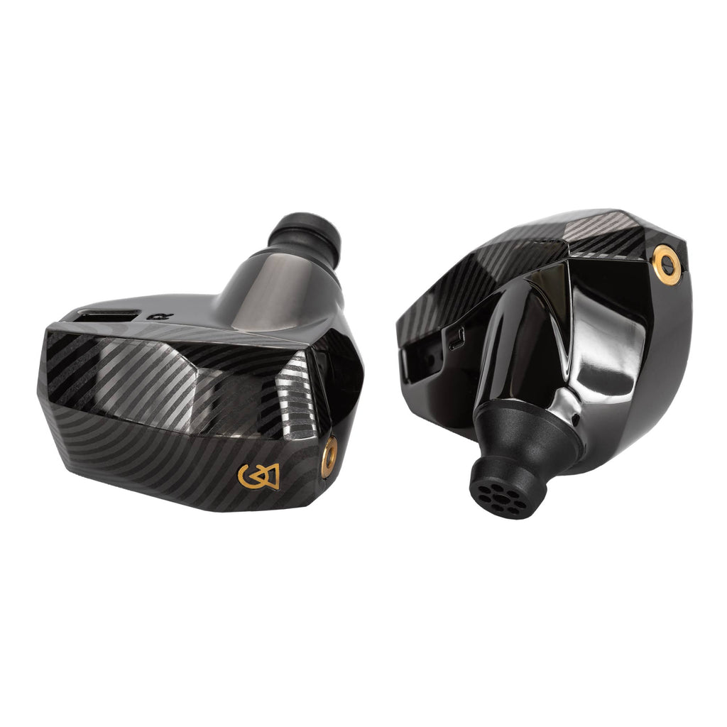 Campfire Andromeda 10 LE Special Launch Edition in ear monitors with glossy black carbon fiber finish on white background