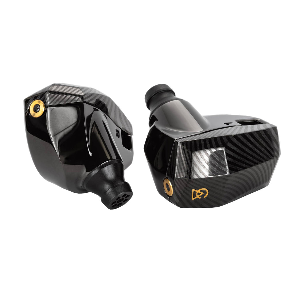 Campfire Andromeda 10 LE | Special Launch Edition in-ear monitors with black carbon fiber finish on white background