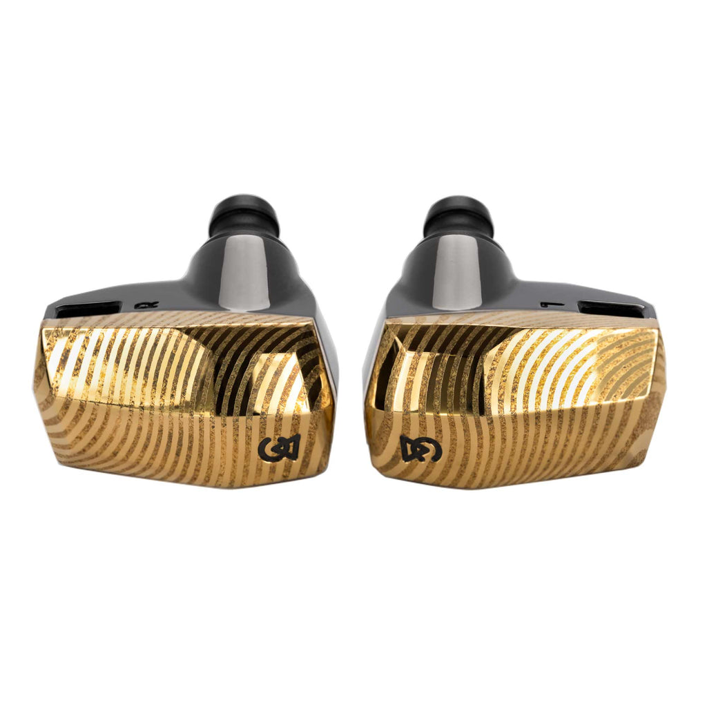 Campfire Andromeda 10 LE | Special Launch Edition in-ear monitors with gold patterned faceplates on white background