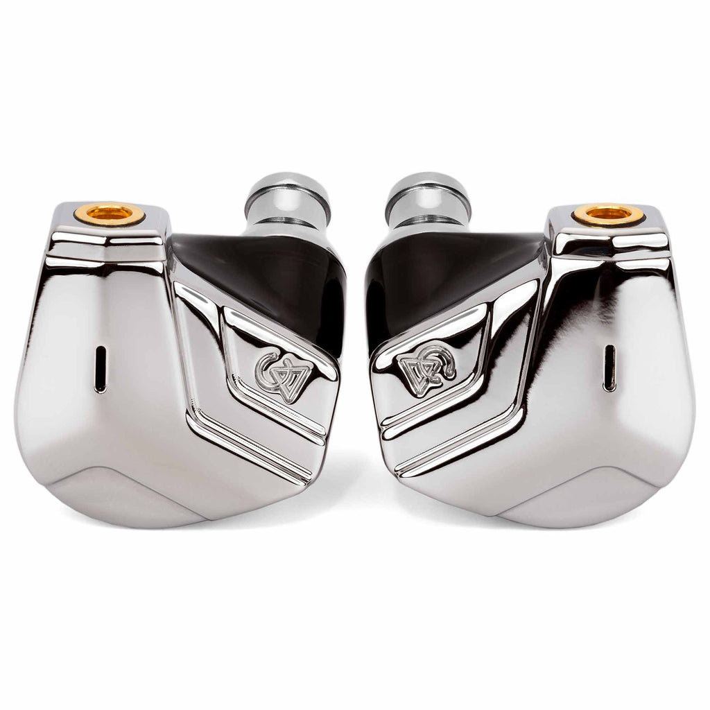 Campfire Astrolith Dual Planar IEM in polished metal with engraved logo and gold connector on white background