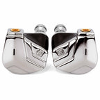 Campfire Astrolith Dual Planar IEM in polished metal with engraved logo and gold connector on white background