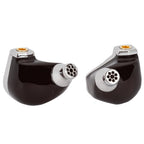 Close-up of Campfire Astrolith Dual Planar IEM with black glossy finish and silver nozzle on white background