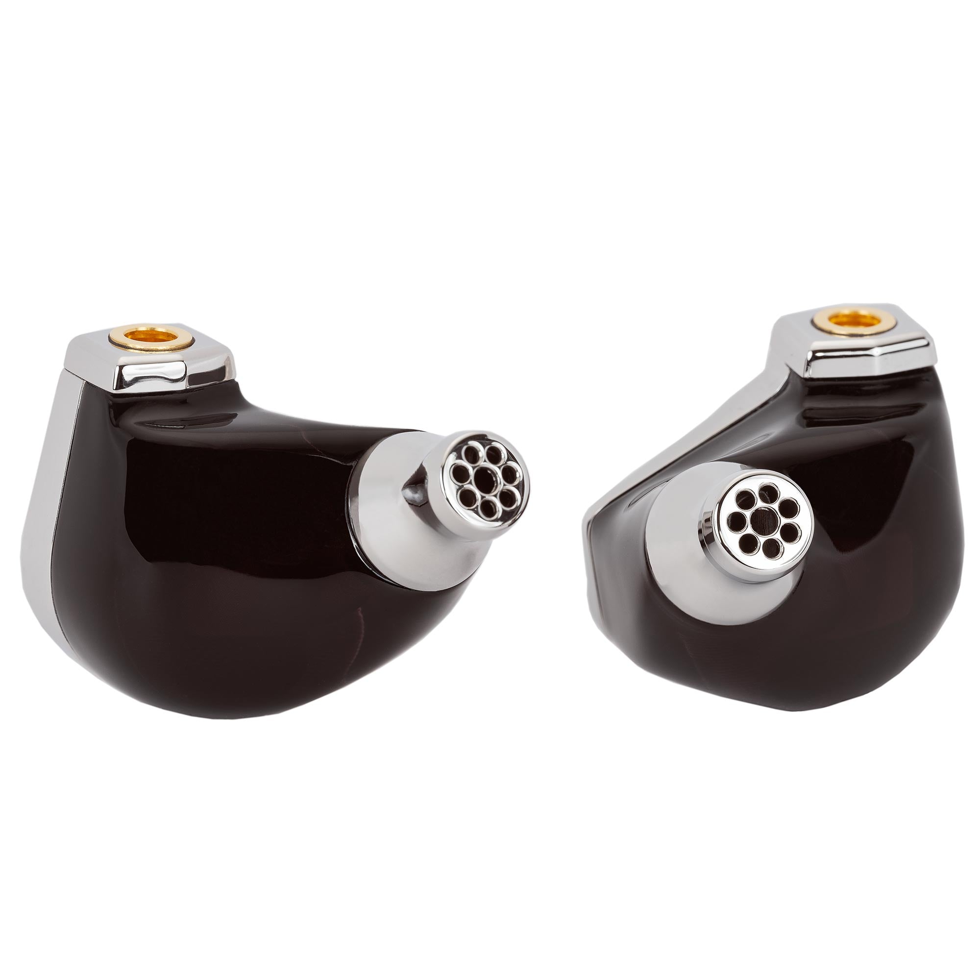 Close-up of Campfire Astrolith Dual Planar IEM with black glossy finish and silver nozzle on white background