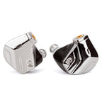 Close-up of Campfire Astrolith Dual Planar IEM with reflective silver and black finish isolated on white background