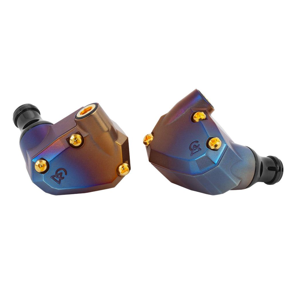 Campfire Moon Rover Limited Edition IEM in blue and bronze finish with gold screws and black ear tips on white background