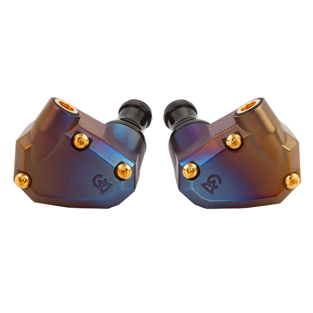 Campfire Moon Rover Limited Edition IEM in iridescent finish with gold screws and black silicone ear tips on white background