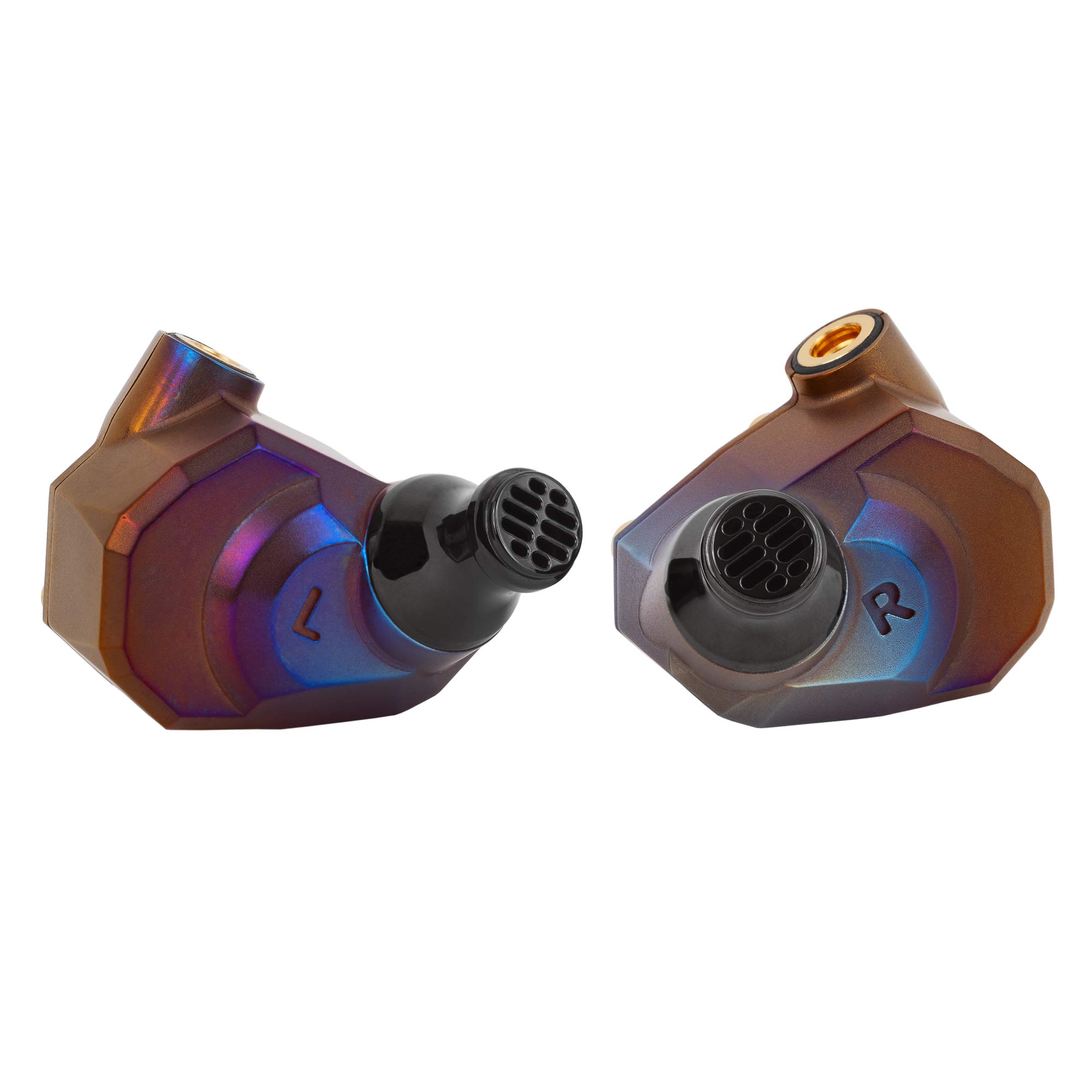 Campfire Moon Rover Limited Edition IEM with iridescent finish and distinct left and right ear markings on white background