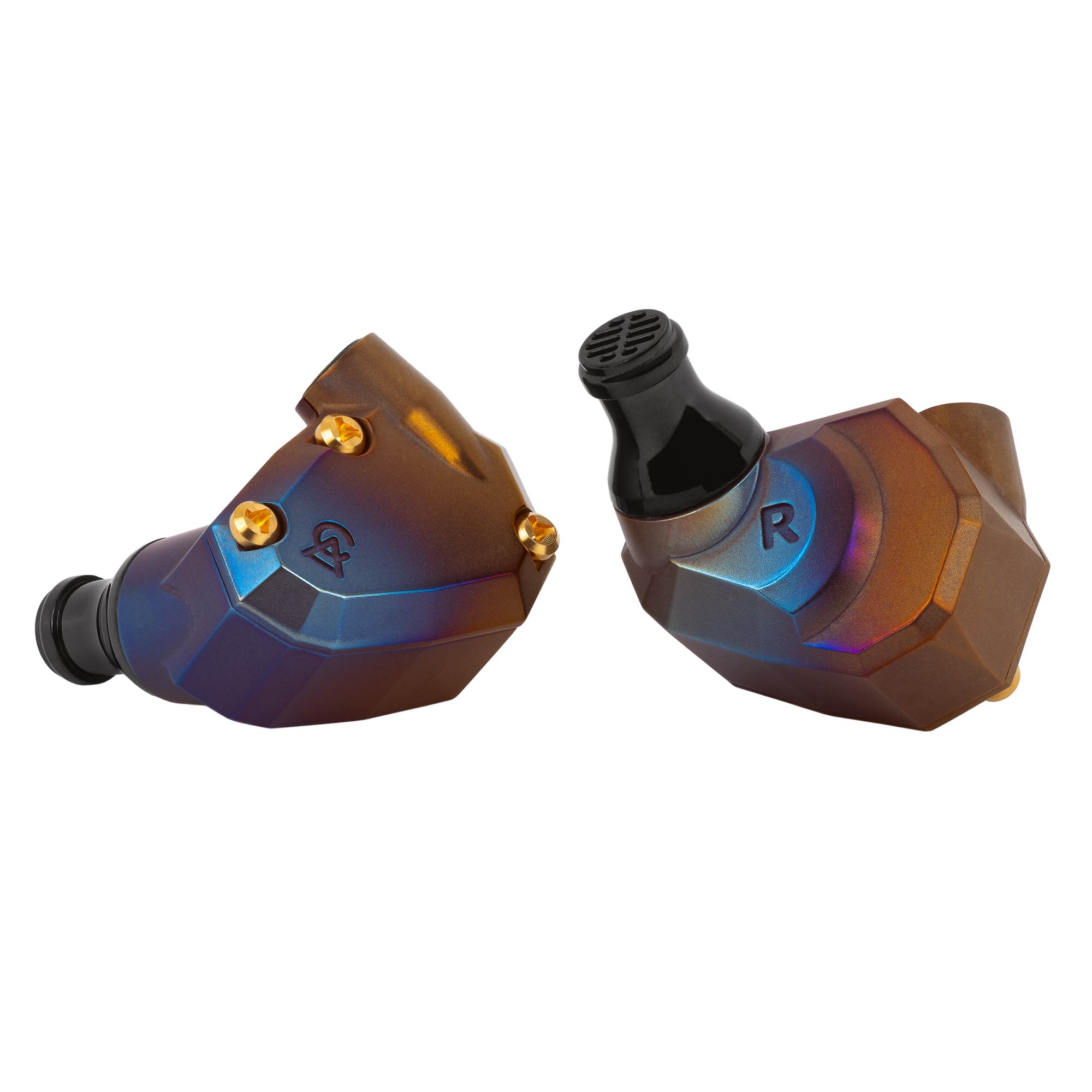 Campfire Moon Rover Limited Edition IEM showing geometric design with blue and bronze metallic finish on white background