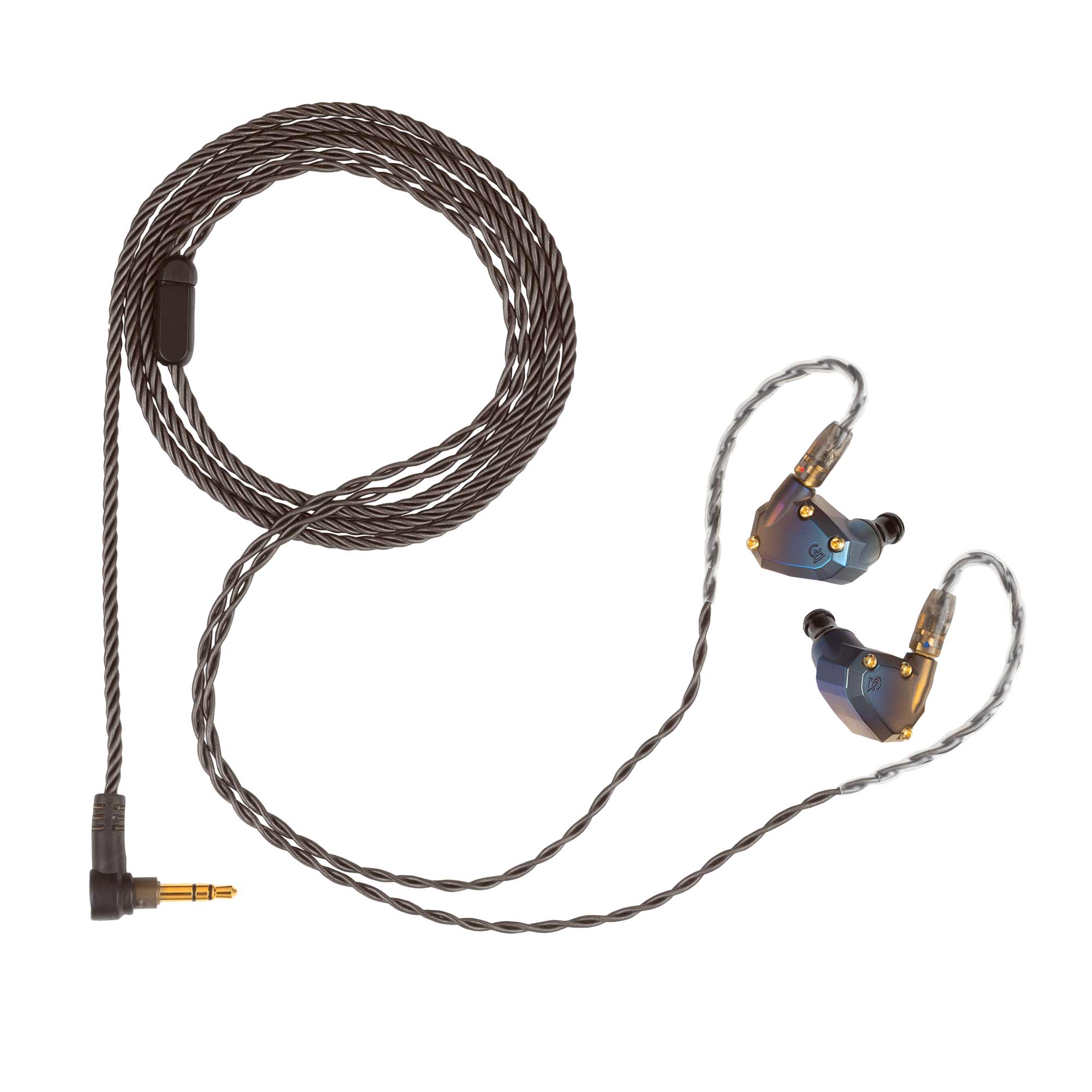 Campfire Moon Rover Limited Edition IEM with twisted cable and iridescent dark blue and gold earphones on white background