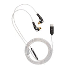 Campfire Axion IEMs with clear cable, black and gold earphones, and USB-C connector on white background