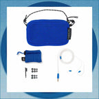 Accessories for Campfire Cascara in-ear monitors including blue carrying cases, white cable, black cleaning brush, and ear tips on white background