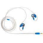 Campfire Cascara in-ear monitors with blue 3D printed shells and clear braided cable on white background