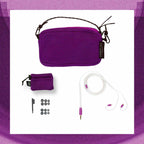 Campfire Bonneville accessories including purple carrying case, cleaning brush, ear tips, and white cable on white background