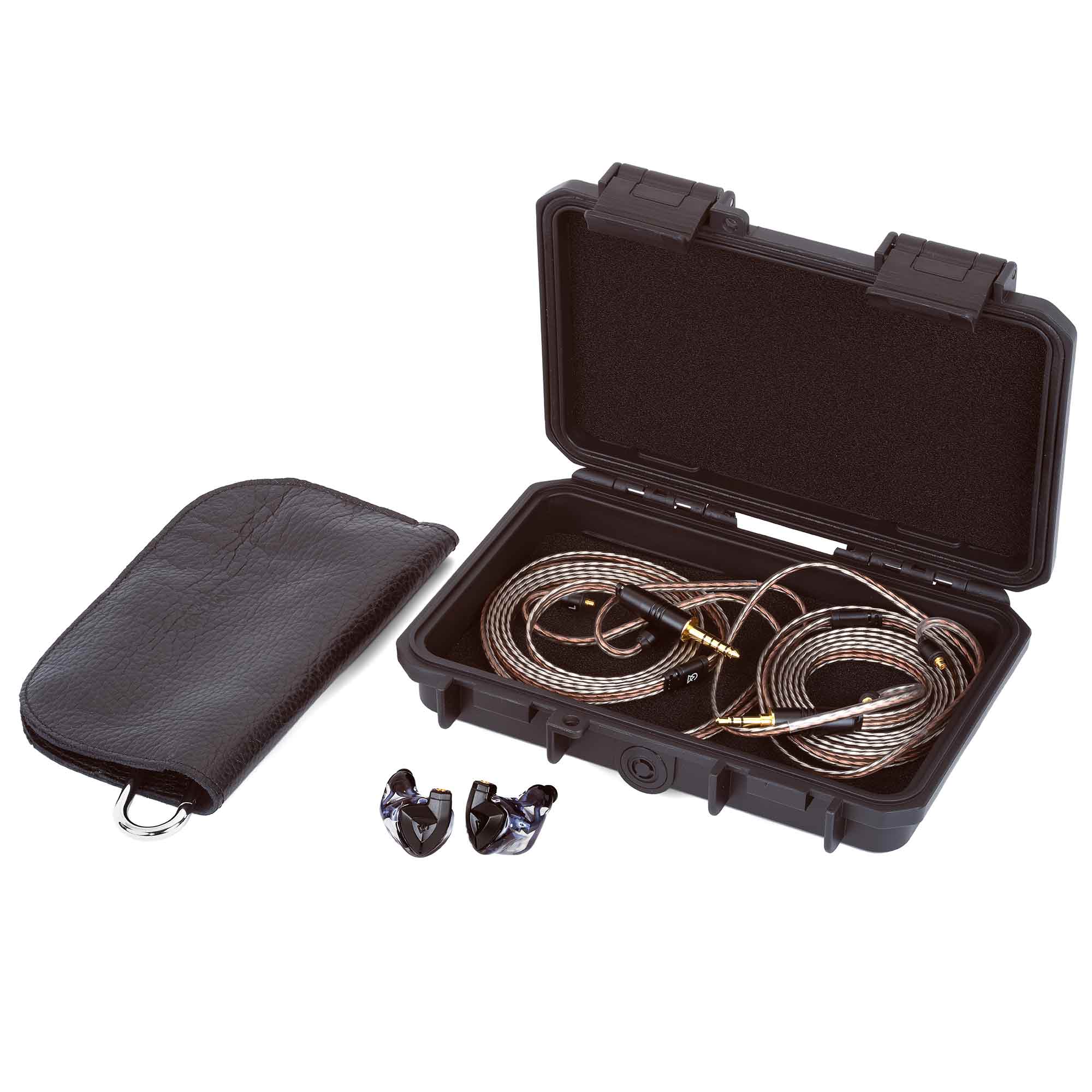 Campfire Clara IEM with Alessandro Cortini Design with black carrying case and coiled cables inside a protective hard case