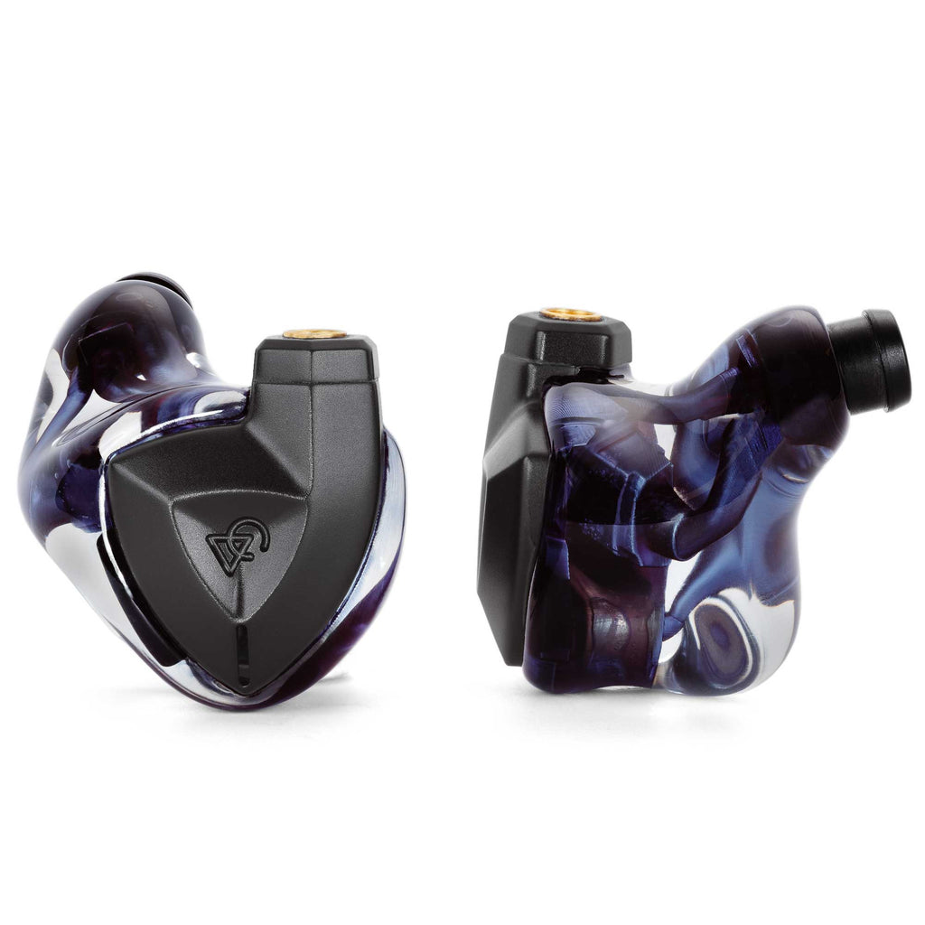 Campfire Clara IEM with Alessandro Cortini Design in black and purple translucent shells shown from front and side views