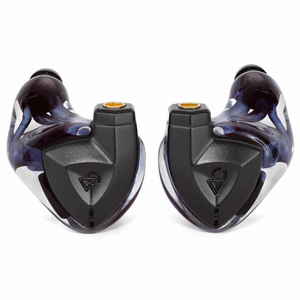 Pair of Campfire Clara IEM with Alessandro Cortini Design in-ear monitors with black and translucent blue housing on white background