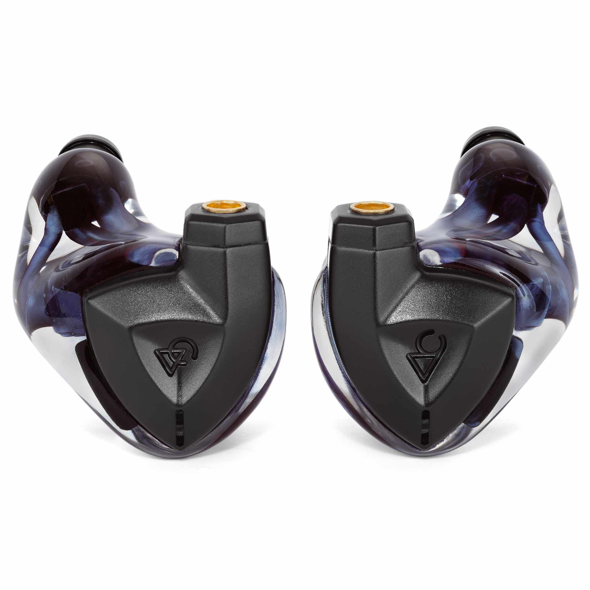 Pair of Campfire Clara IEM with Alessandro Cortini Design in-ear monitors with black and translucent blue housing on white background