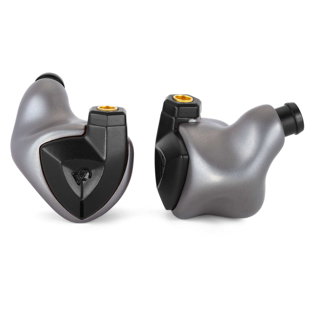 Close-up of Campfire Clara Titanium Launch Edition IEM in metallic gray with black accents on white background